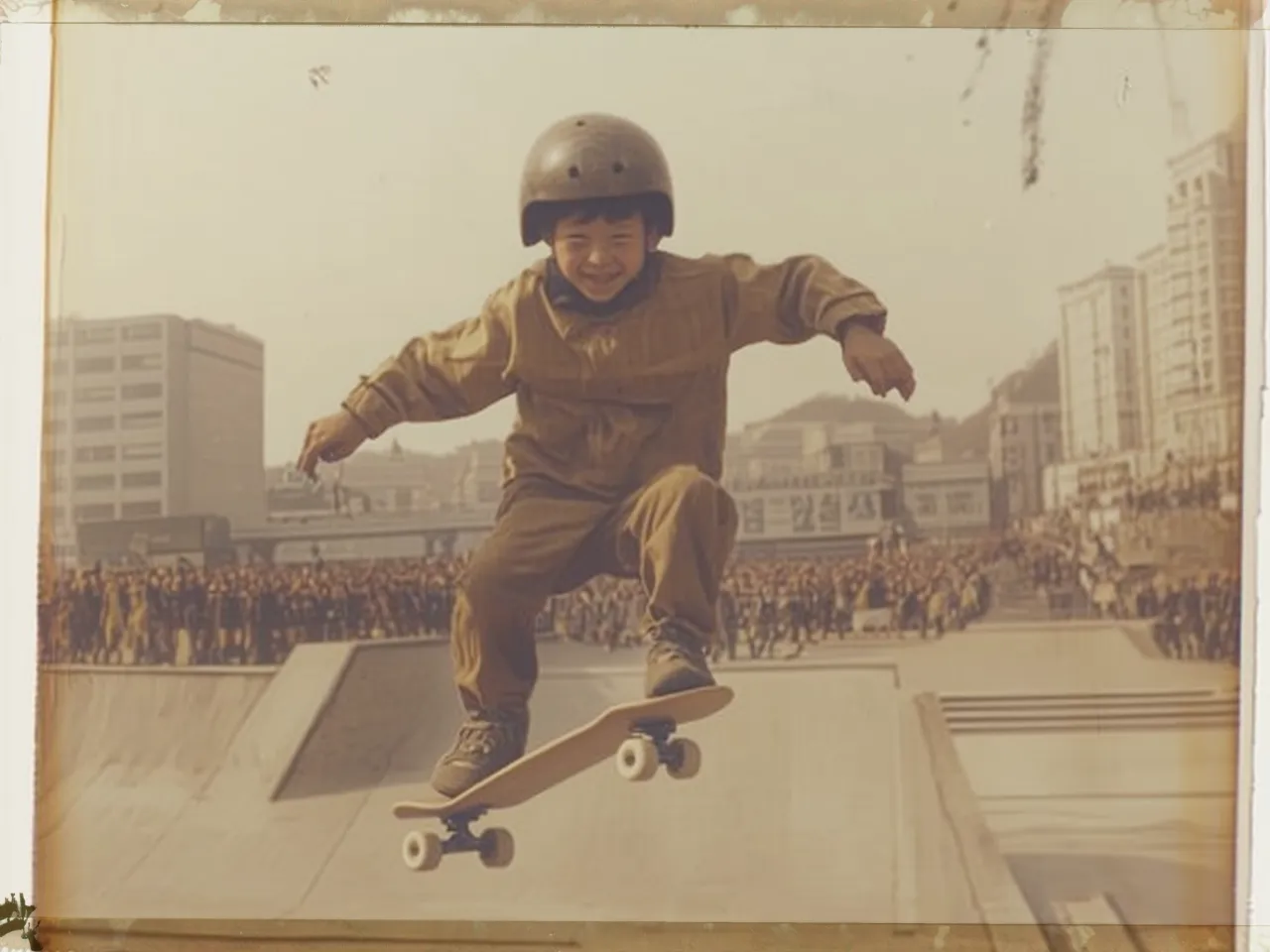 A Polaroid photo of an Asian boy in the mid-1980s, wearing brown military-style and a helmet while skateboarding on top of a skateboard ramp with crowds watching below. The scene is set against a backdrop of city buildings and street traffic. He's performing a nice trick that gives him joy. His face shows excitement as he smiles at the camera.