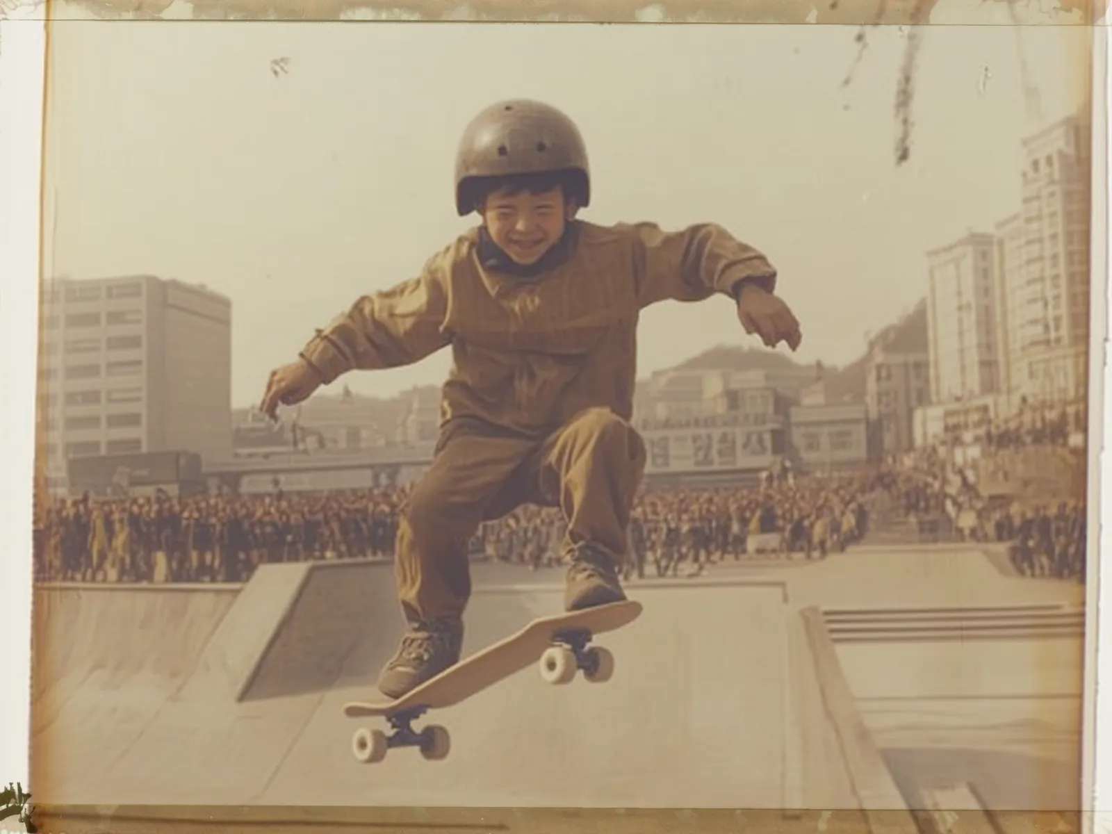 A Polaroid photo of an Asian boy in the mid-1980s, wearing brown military-style and a helmet while skateboarding on top of a skateboard ramp with crowds watching below. The scene is set against a backdrop of city buildings and street traffic. He's performing a nice trick that gives him joy. His face shows excitement as he smiles at the camera.