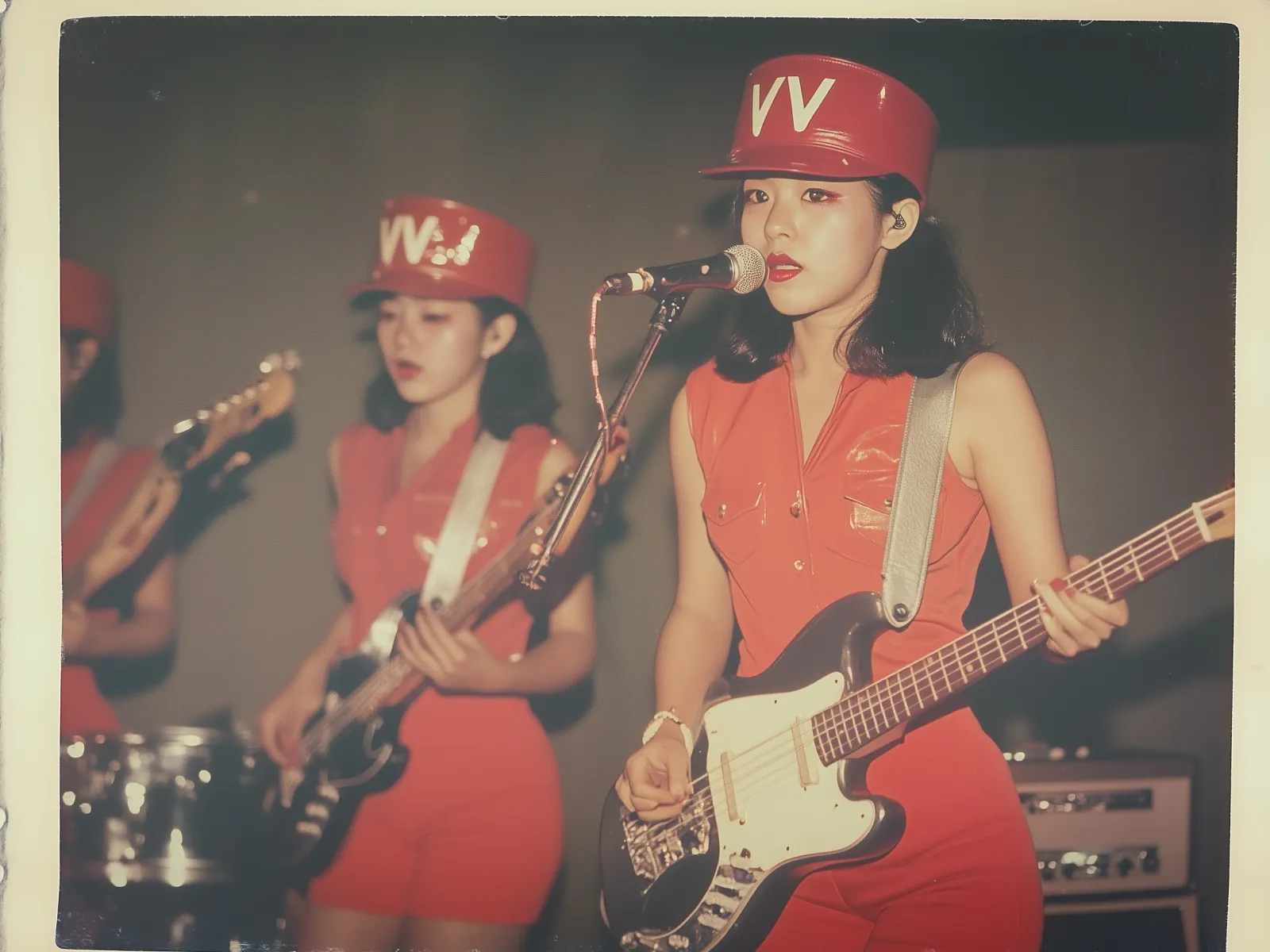 The image depicts a vintage-style photograph of a female band performing. The foreground features a woman in a sleeveless red outfit, wearing a red hat with VV written on it, playing a bass guitar and singing into a microphone. She has shoulder-length dark hair and bright red lipstick. To her left, another woman is slightly out of focus, playing a guitar. She is also wearing a matching red outfit and hat. There is a drum set partially visible in the background, along with amplifiers. The image has a retro, faded color palette, giving it a nostalgic feel.