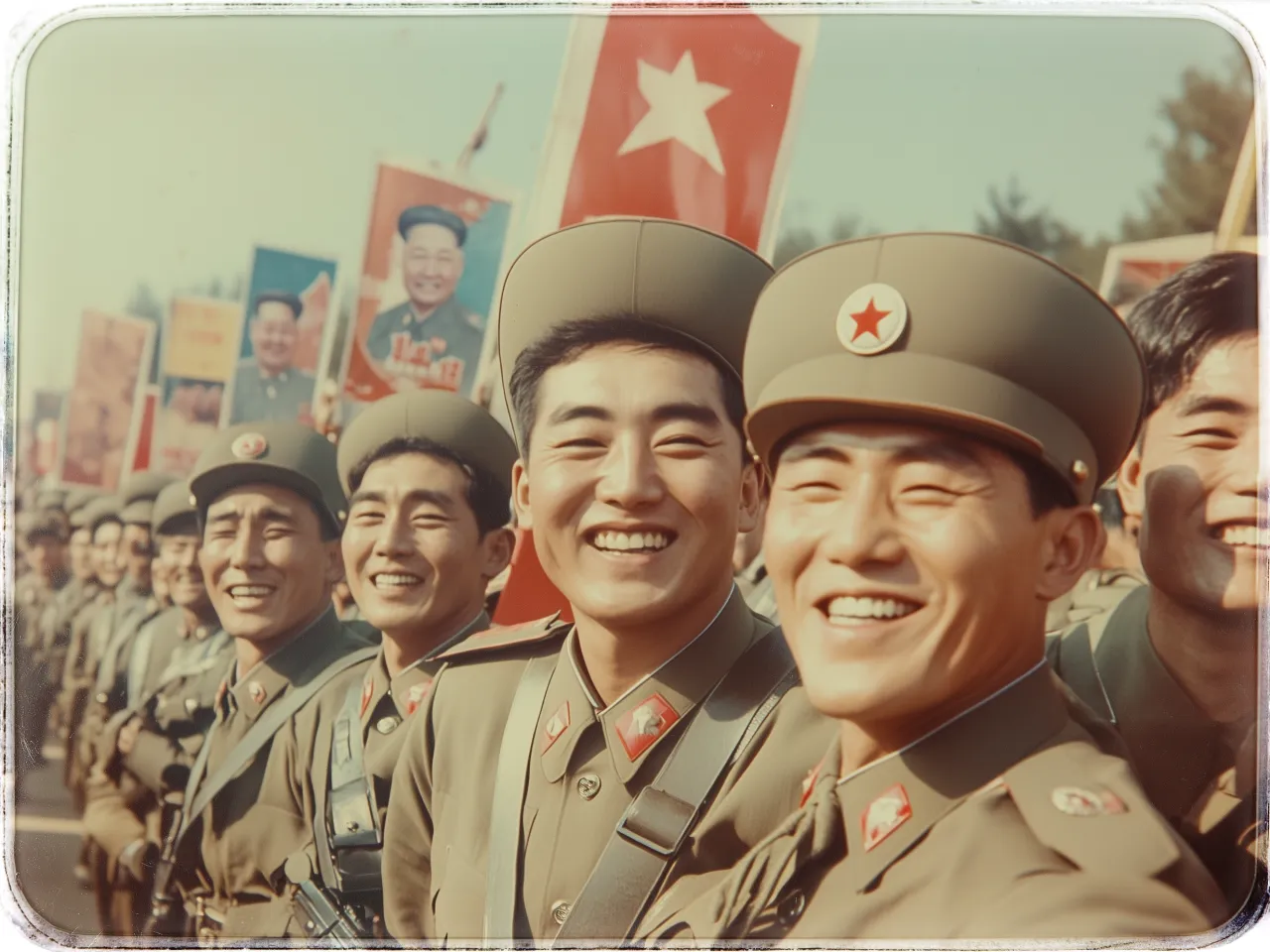 A group of smiling soldiers is depicted in the image, all wearing olive-green military uniforms and caps adorned with red star insignias. They are positioned in a parade-like formation, with the focus on their joyful expressions. In the background, there are large red flags with white stars and several colorful banners with imagery and text, possibly depicting leaders or slogans. The scene is outdoors, with trees visible in the distance under a clear sky. The image captures a moment of apparent celebration or military display.