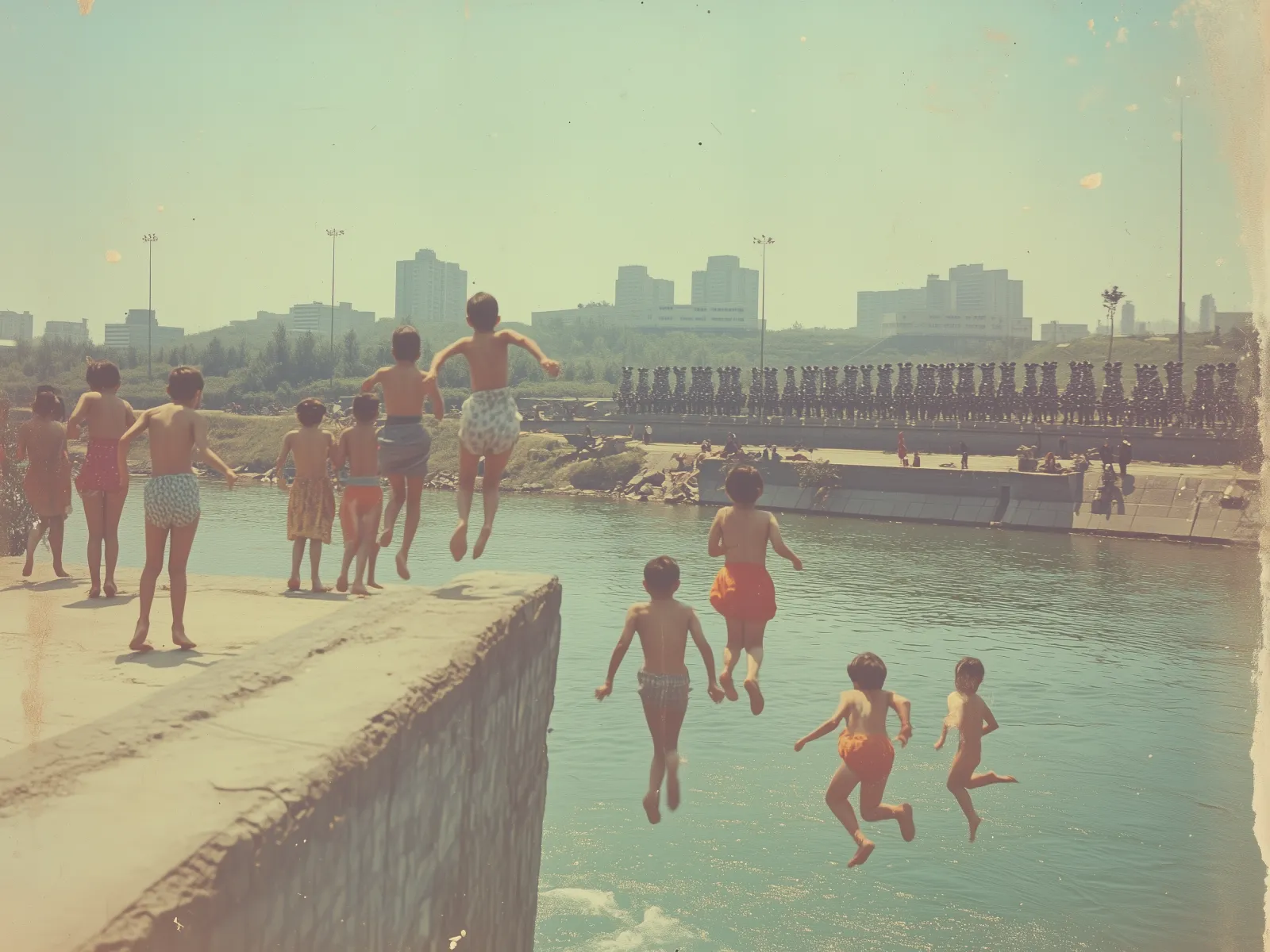 The image depicts a group of children jumping into a body of water from a stone ledge. The children, dressed in colorful swimsuits, are captured mid-air, showcasing varying postures of excitement. The water below reflects a serene blue-green hue. In the backdrop, a parade of uniformed individuals is aligned in rows, adding contrast to the playful scene in the foreground. Beyond them, a cityscape with high-rise buildings is visible under a clear sky, blending into the horizon. The image has a vintage filter, giving it an aged, nostalgic appearance.