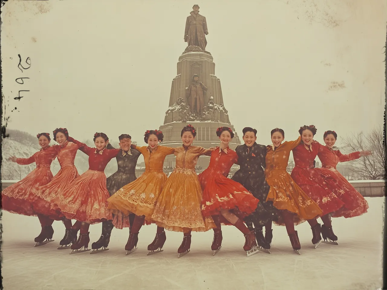 A group of ten ice skaters, dressed in vibrant, flowing dresses and matching boots, are performing on an outdoor ice rink. They are arranged in a line, holding onto each other as they pose with one leg lifted, creating an elegant and synchronized display. The dresses are in shades of red, orange, and yellow, with intricate lace detailing. Each skater wears a large red flower in their hair. In the background, a large, imposing statue stands atop a multi-tiered pedestal, surrounded by snow and a wintry landscape. The sky is overcast, adding to the serene, snowy atmosphere. The image has a vintage look, with slightly faded colors and aged edges.