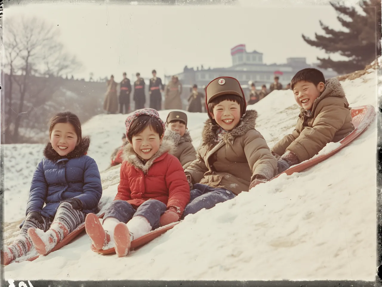 The image shows four children sitting on sleds at the top of a snow-covered hill, ready to slide down. They are all smiling and bundled up in winter coats, with fur-lined hoods. The leftmost child is wearing a blue jacket, the second child a red jacket, and the two children on the right are wearing brown jackets. They are sitting on red sleds, with the snow visibly surrounding them. In the background, there are several people standing on the hill, dressed in uniform-like attire. The background also features trees and a building with a red banner, giving a nostalgic and slightly vintage feel to the scene.