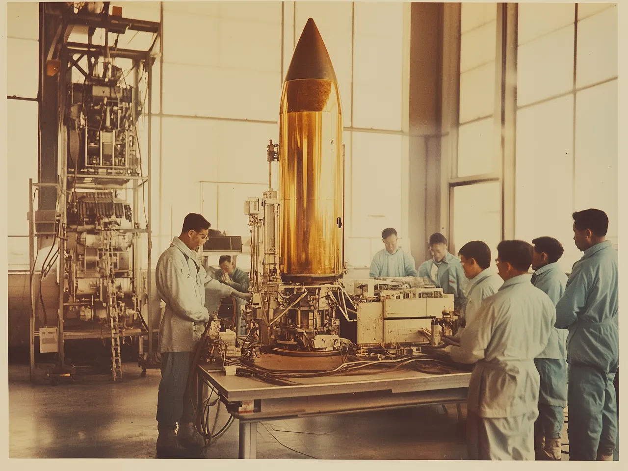 A group of engineers in blue lab coats are gathered around a large, golden-hued rocket component, which stands upright on a workstation. The device is cylindrical with a pointed tip and is surrounded by various equipment and wiring. The engineers are focused on different tasks, some adjusting controls and others examining the machinery. The room is spacious with large windows, and sunlight filters in, casting soft shadows. In the background, there are other pieces of equipment and a tall storage unit filled with technical instruments. The atmosphere suggests a meticulous, collaborative work environment typical of a high-tech laboratory.