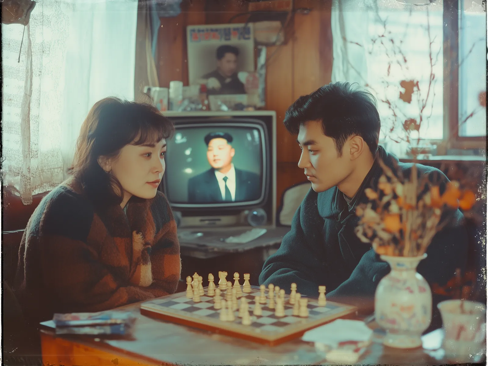 A woman and a man sit across from each other, gazing at a chessboard on a table between them. The woman is on the left, wearing a cozy, checkered sweater, and looking thoughtfully at the chess pieces. The man on the right is dressed in a dark coat, leaning slightly forward with a focused expression. Behind them is a vintage television displaying a figure in a suit, along with a few personal items and a framed portrait hanging on the wood-paneled wall. A vase with dried flowers is in the foreground on the right. Soft light filters through a window covered with sheer curtains, casting a warm ambiance over the quaint, modest room.