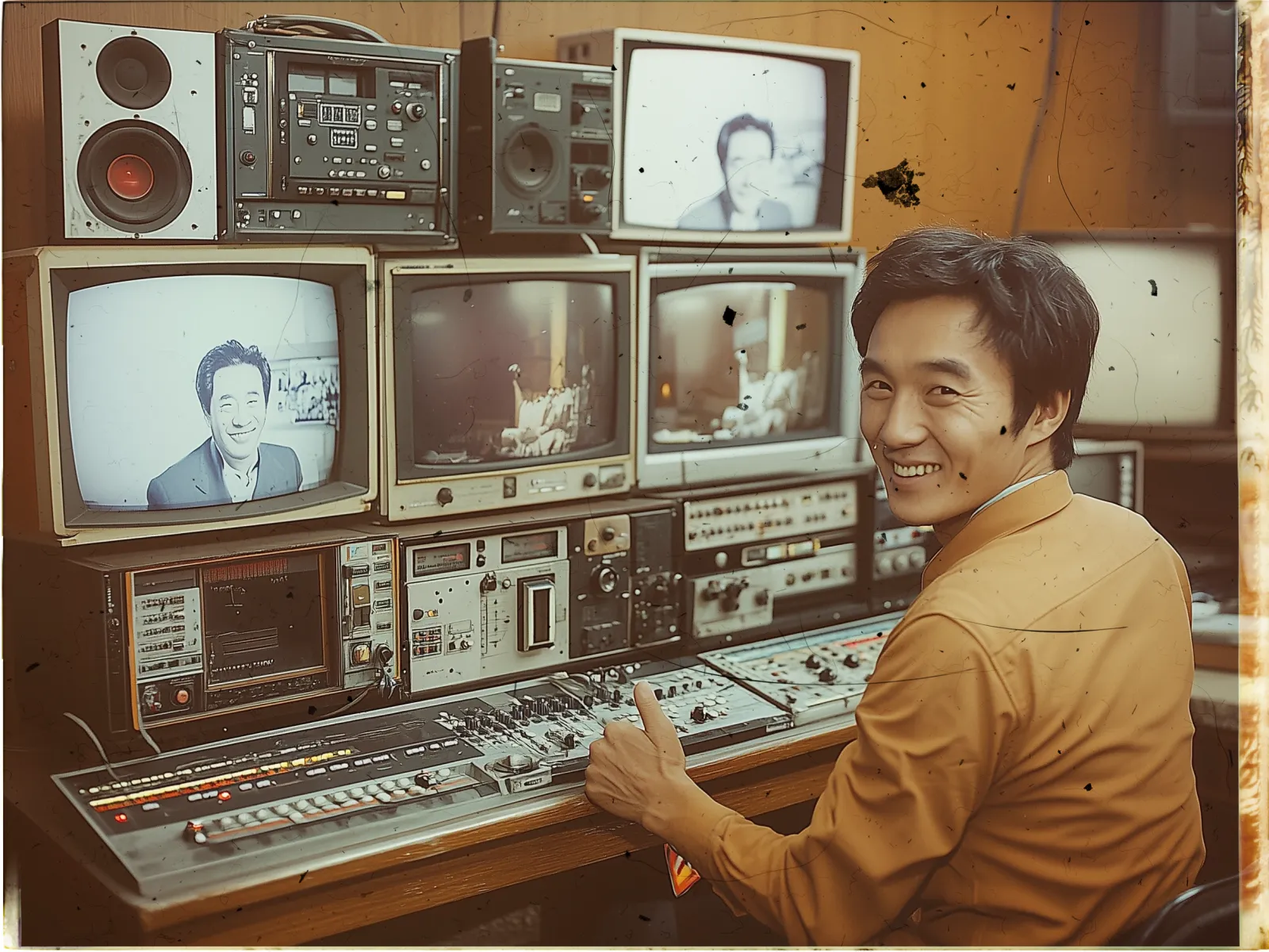 A man in a vintage television control room sits at a console filled with switches, dials, and buttons. He is smiling and facing the camera, wearing an orange shirt. In front of him are several CRT monitors displaying black-and-white images, one showing a headshot of a person, while others display different scenes. On top of the monitors are audio equipment and speakers. The room has a warm, retro feel, with signs of age like dust and scratches visible on the surfaces. The atmosphere suggests a busy and technical workspace from a bygone era.