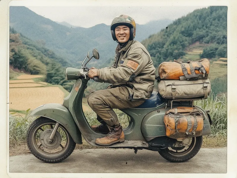 A person is riding a vintage green scooter on a scenic road. They are wearing a helmet and military-style jacket with patches. The scooter is heavily loaded with travel gear, including two large orange and gray bags secured to the back. The background features lush green hills and rice paddies, creating a serene and picturesque landscape. The person is smiling, conveying a sense of adventure and enjoyment.