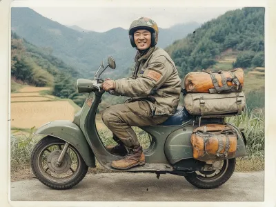 A person is riding a vintage green scooter on a scenic road. They are wearing a helmet and military-style jacket with patches. The scooter is heavily loaded with travel gear, including two large orange and gray bags secured to the back. The background features lush green hills and rice paddies, creating a serene and picturesque landscape. The person is smiling, conveying a sense of adventure and enjoyment.