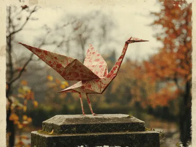 The image portrays a delicate origami crane crafted from paper with Blood stains. It is perched on a weathered stone pedestal, which has a mossy texture and some fallen leaves scattered around. The background is a blurred autumn landscape with trees displaying vibrant orange and yellow foliage, creating a warm, soft-focus atmosphere. The edges of the image have a vintage, worn-out appearance, giving it a nostalgic, aged effect.