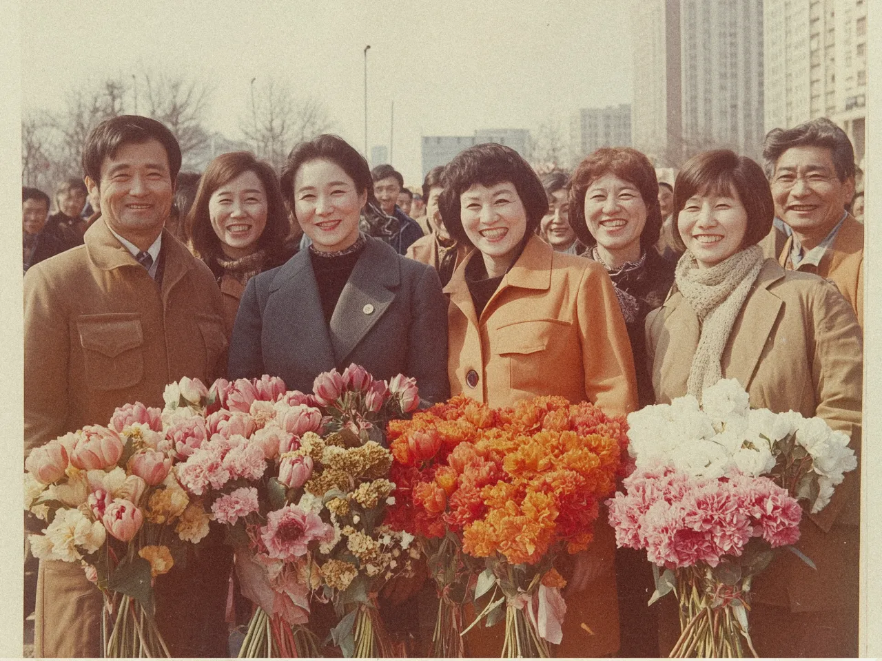 A group of eight people, four men and four women, are standing together outdoors, smiling at the camera. The people are dressed in coats suitable for cooler weather. In front of them, there are vibrant bouquets of flowers, including pink and white carnations, orange marigolds, and mixed blossoms, adding a splash of color. Behind them, a cityscape with tall buildings can be seen under a clear sky. The trees in the background are bare, suggesting it's a winter or early spring day. The image has a nostalgic, vintage feel.
