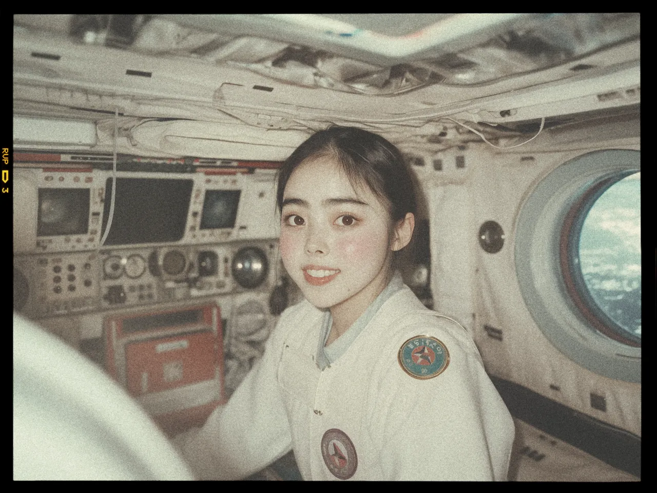 A person in a space-themed environment, wearing a light-colored space suit with patches on the shoulder and chest, is seated inside what appears to be a spacecraft. The interior features control panels with various screens, dials, and switches. The individual has dark hair, tied back, and is smiling at the camera. To the right, a circular window shows a glimpse of Earth from space. The lighting gives the scene a vintage, sepia-toned appearance.