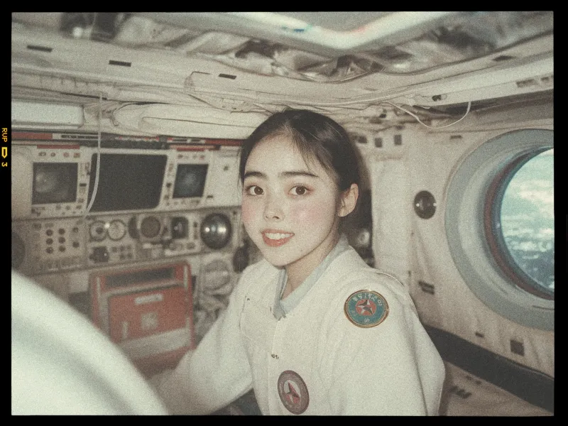 A person in a space-themed environment, wearing a light-colored space suit with patches on the shoulder and chest, is seated inside what appears to be a spacecraft. The interior features control panels with various screens, dials, and switches. The individual has dark hair, tied back, and is smiling at the camera. To the right, a circular window shows a glimpse of Earth from space. The lighting gives the scene a vintage, sepia-toned appearance.