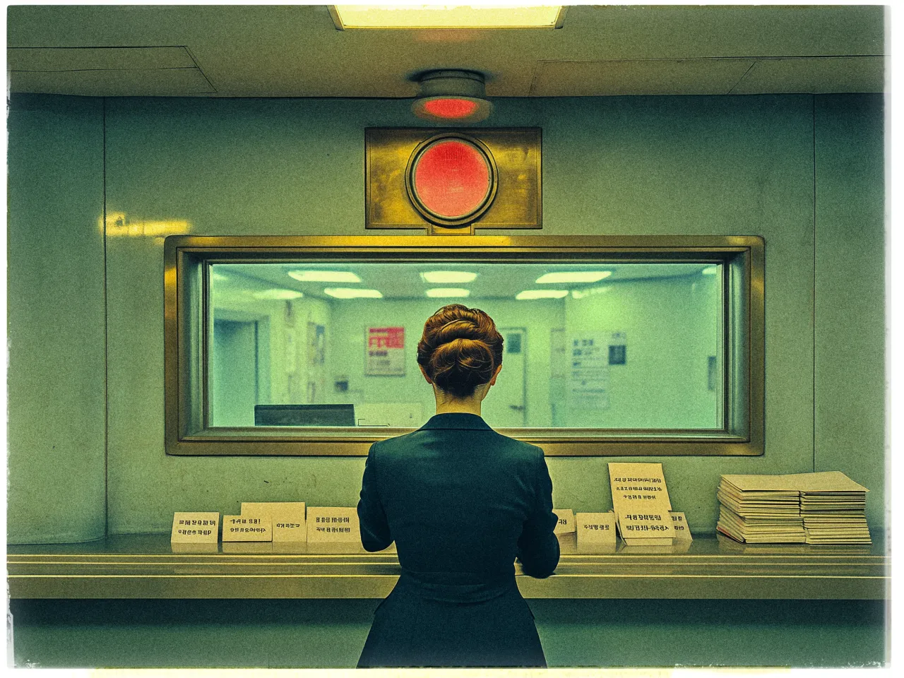 The image shows a woman with her back to the viewer, standing at a counter in an office or institutional setting. She is wearing a dark dress and her hair is styled in a neat, classic bun. In front of her, there are stacks of papers and several small placards with text. Above the counter, a rectangular window with a gold frame allows a view into another room, which has bright fluorescent lighting. The room behind contains various signs and posters on the walls. A large, circular red light is mounted above the window frame, casting a warm glow over the scene. The overall color tone of the image is muted, with a retro, film-like quality.