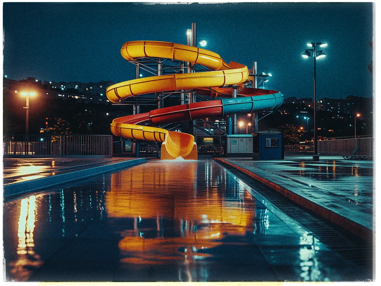 A nighttime scene of an empty water park features a large, multi-colored spiral slide with yellow, red, and blue sections. The slide twists down into a shallow pool, its surface reflecting the surrounding lights and colors. Tall lampposts illuminate the area, casting a warm glow on the wet ground. In the distance, blurred city buildings and lights are visible, adding to the serene and quiet atmosphere. The sky is dark, suggesting an evening setting.