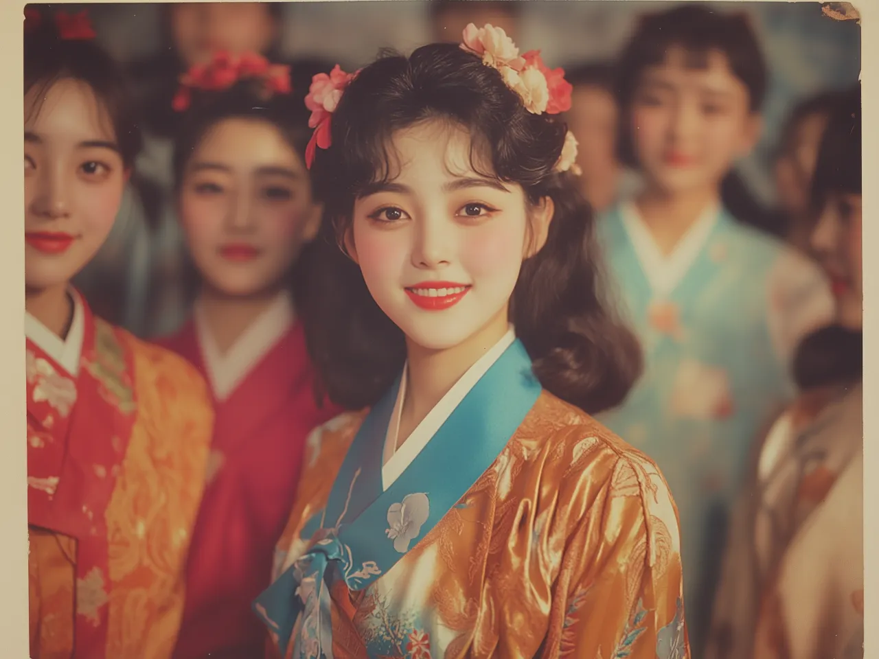 A young woman, centered in the image, is smiling and wearing a traditional hanbok, featuring a golden-brown floral-patterned garment with a vibrant blue collar and bow. Her hair is styled in soft waves, adorned with pink flowers. Surrounding her are other women, slightly out of focus, dressed in colorful hanboks with floral designs, contributing to a warm, festive atmosphere. The lighting is soft, casting a gentle glow on their faces.