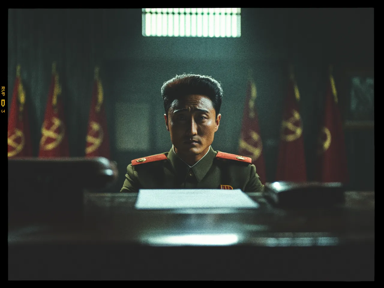 A man in a military uniform sits at a desk, framed centrally. His uniform is olive green with red epaulettes and insignia. The room is dimly lit, with light filtering through a barred window above. Behind him, several red flags featuring a yellow design are lined up in rows, suggesting a formal or governmental setting. The atmosphere is somber and authoritative, with the focus on the man as he gazes directly ahead.