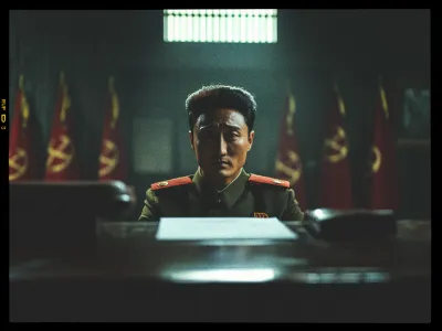 A man in a military uniform sits at a desk, framed centrally. His uniform is olive green with red epaulettes and insignia. The room is dimly lit, with light filtering through a barred window above. Behind him, several red flags featuring a yellow design are lined up in rows, suggesting a formal or governmental setting. The atmosphere is somber and authoritative, with the focus on the man as he gazes directly ahead.