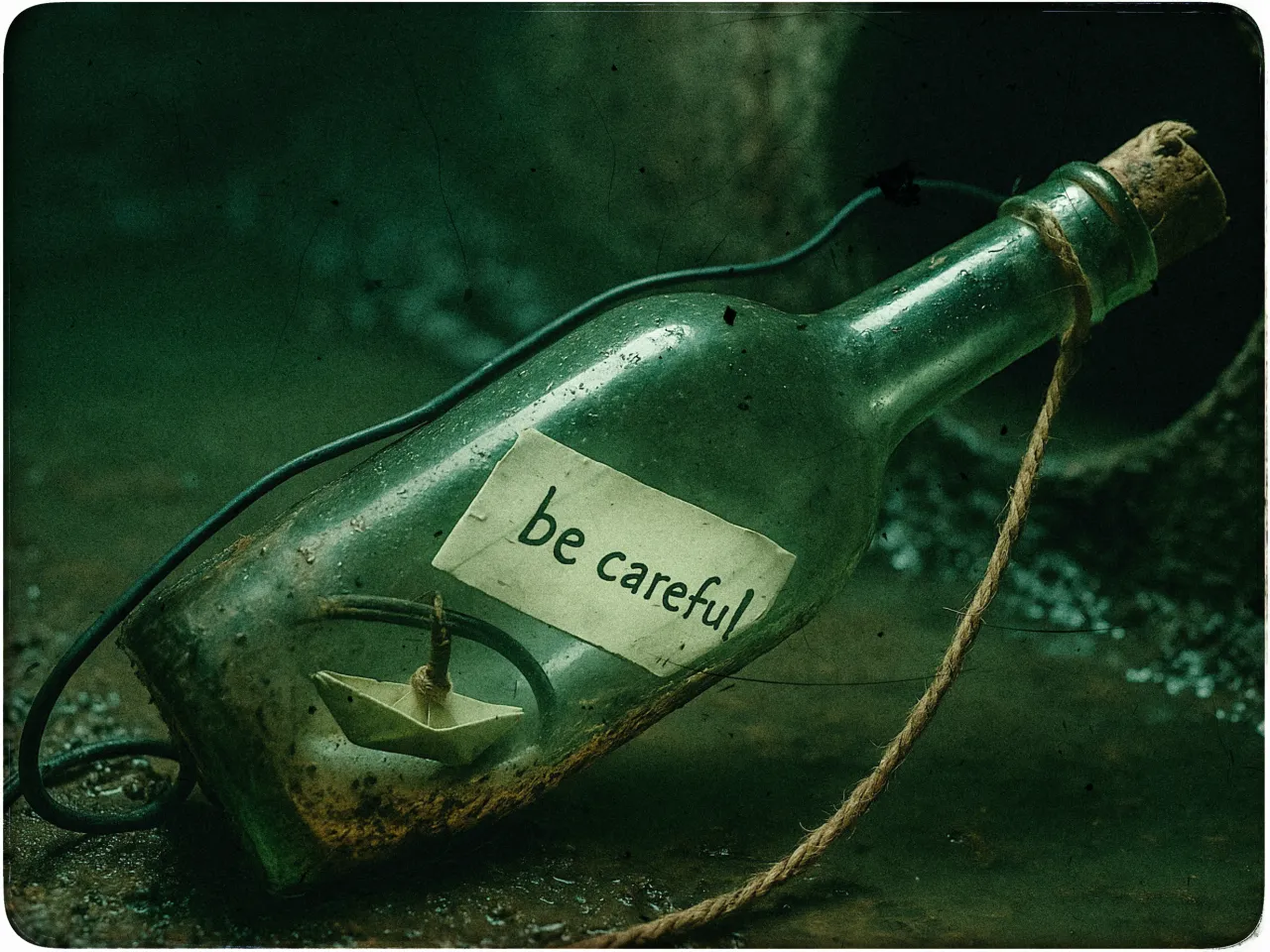 The image shows a weathered green glass bottle lying on its side in a dimly lit, possibly damp environment. A label on the bottle's surface reads be careful in lowercase letters. Inside the bottle, a small paper boat is visible, symbolizing a delicate and cautious journey. A thick rope is tied around the bottle's neck, lying across the surface beneath it. The overall scene has a vintage and mysterious atmosphere, with a slight greenish tint suggesting age or decay.