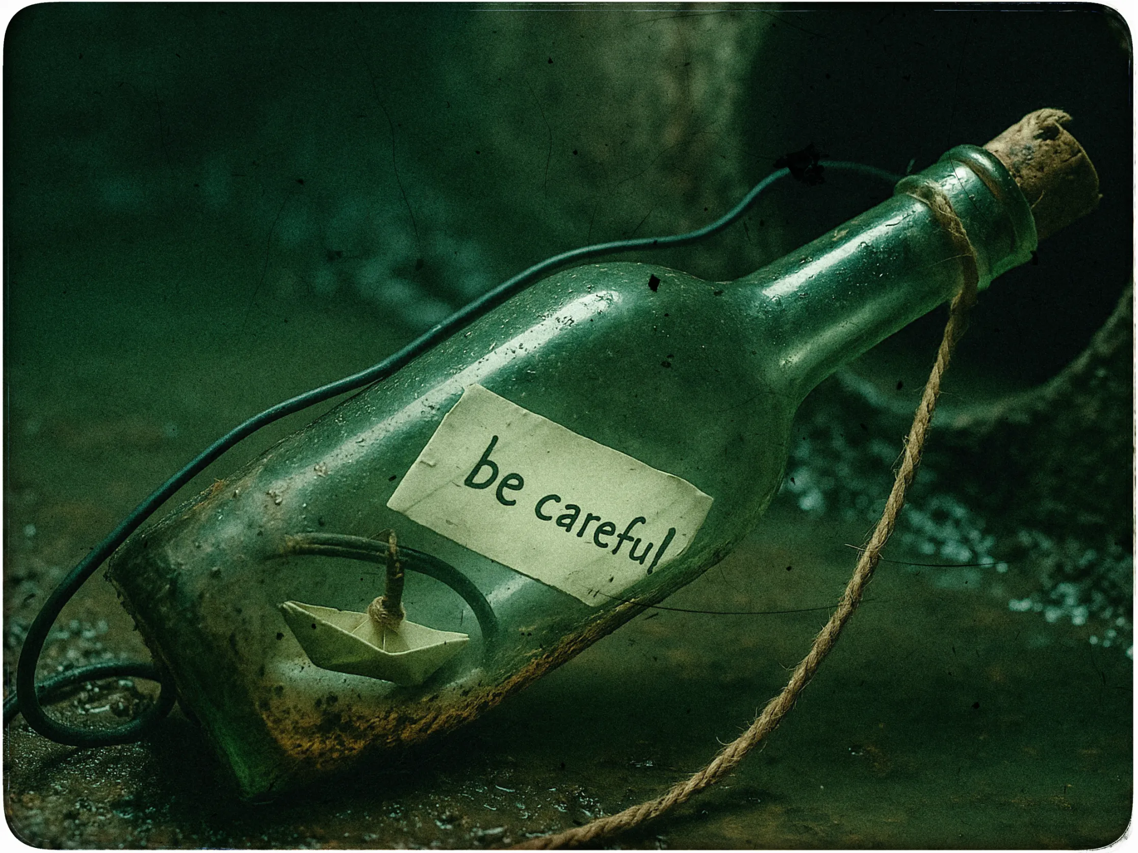 The image shows a weathered green glass bottle lying on its side in a dimly lit, possibly damp environment. A label on the bottle's surface reads be careful in lowercase letters. Inside the bottle, a small paper boat is visible, symbolizing a delicate and cautious journey. A thick rope is tied around the bottle's neck, lying across the surface beneath it. The overall scene has a vintage and mysterious atmosphere, with a slight greenish tint suggesting age or decay.