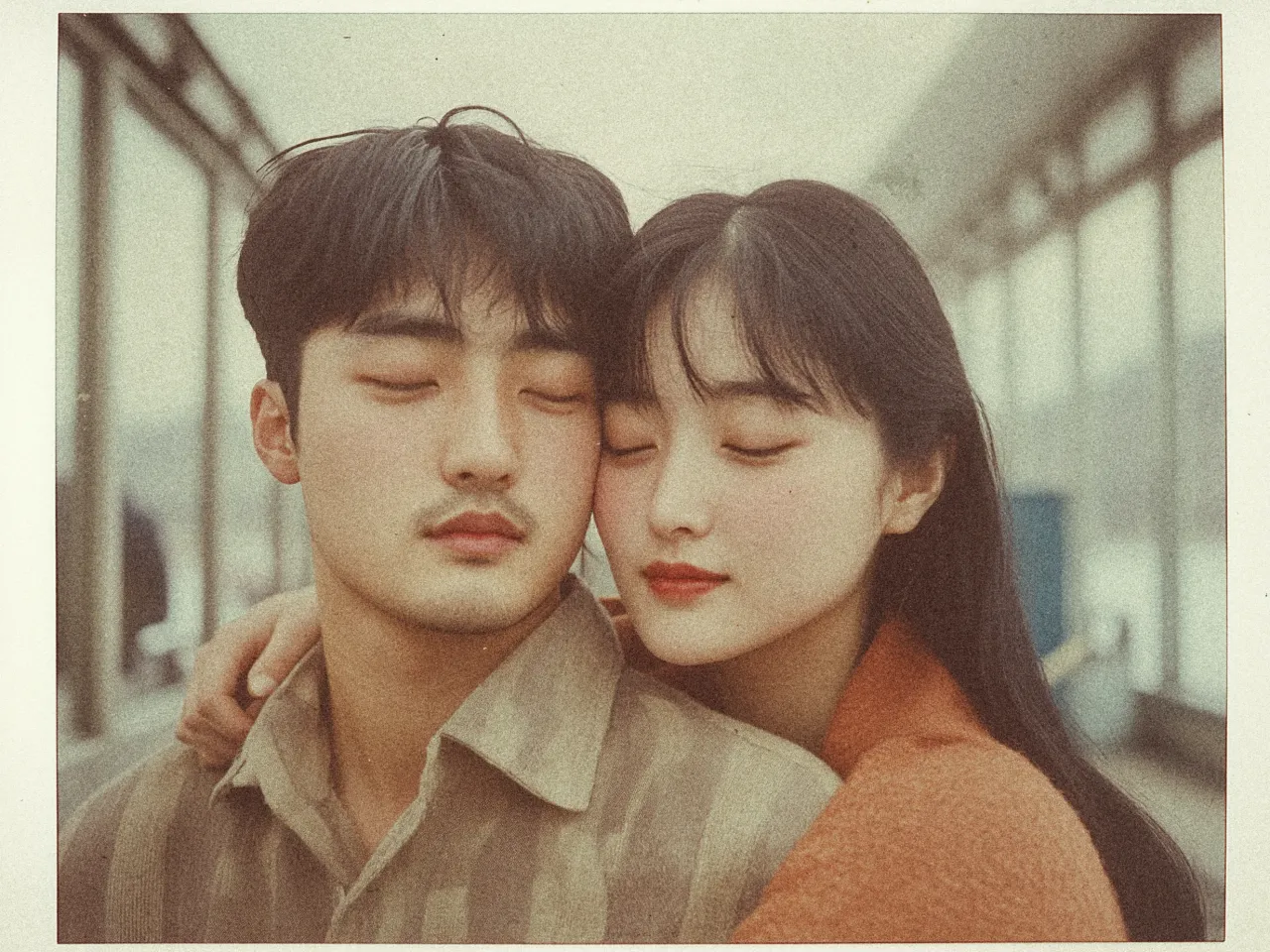 A young couple is pictured closely, exuding a sense of warmth and intimacy. The man, with short dark hair and a slight beard, wears a striped shirt and has his eyes closed. The woman, with long dark hair, also has her eyes closed and is resting her head gently against his, her arm wrapped around his shoulder. She is wearing an orange sweater. The background is softly blurred, hinting at a setting with large windows, giving the image a serene and dreamy atmosphere. The overall tone of the photograph has a soft, vintage filter effect.