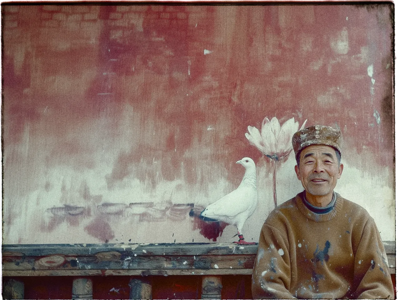 A man wearing a paint-splattered brown sweater and a patterned hat sits in front of a textured, reddish-brown wall. He is smiling and appears relaxed. Behind him, the wall features a painted white bird beside a large, white lotus flower. The composition blends the man's figure with the mural, creating a serene atmosphere. The overall color palette is warm, with earthy tones and subtle contrasts.