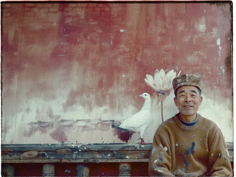 A man wearing a paint-splattered brown sweater and a patterned hat sits in front of a textured, reddish-brown wall. He is smiling and appears relaxed. Behind him, the wall features a painted white bird beside a large, white lotus flower. The composition blends the man's figure with the mural, creating a serene atmosphere. The overall color palette is warm, with earthy tones and subtle contrasts.