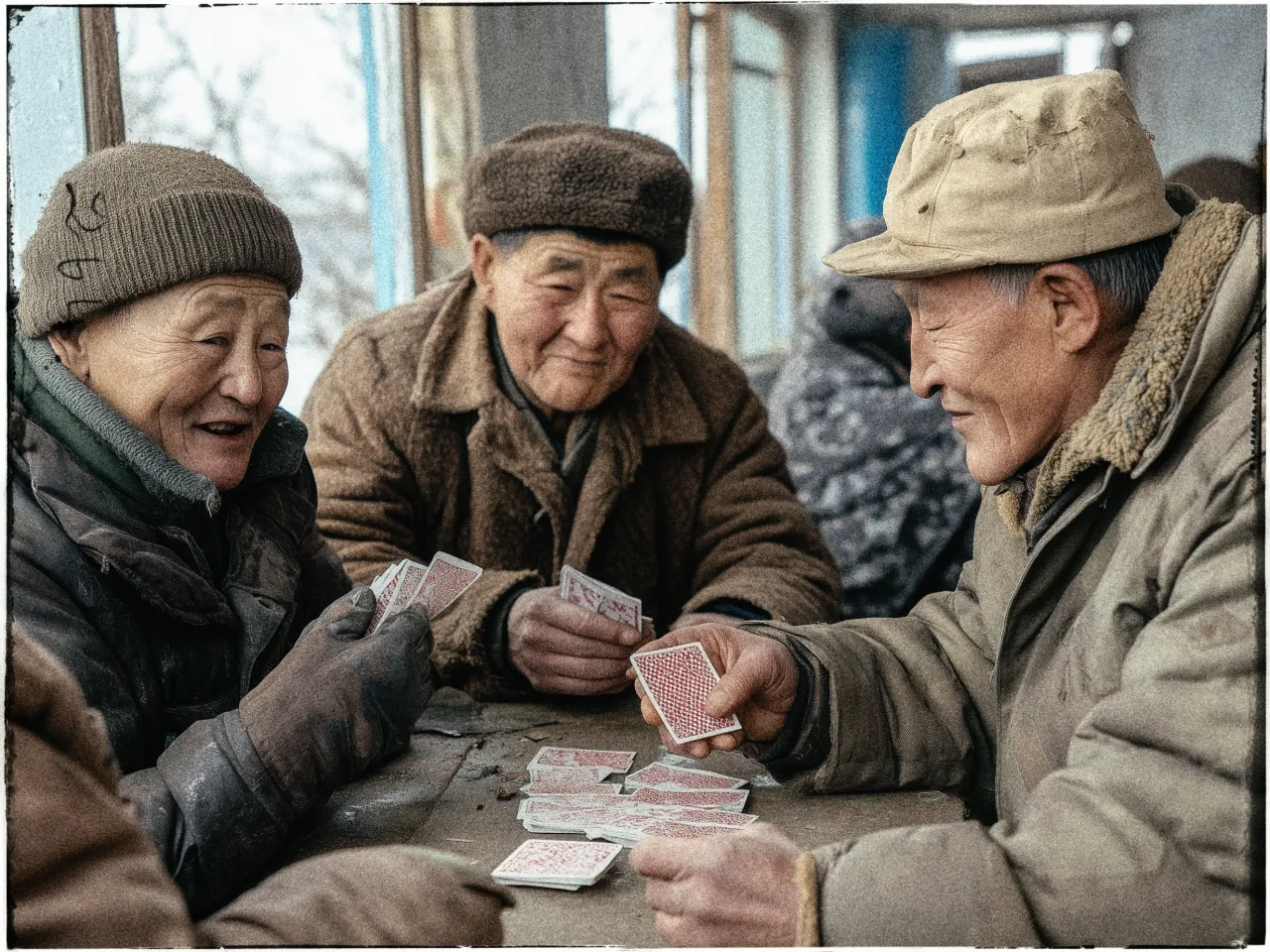 A group of elderly individuals are gathered around a table playing cards. They are dressed warmly in winter coats, hats, and gloves, suggesting cold weather. The person on the left wears a knit cap and smiles while holding a hand of cards. In the middle, another individual wearing a fur hat looks on with interest. The person on the right wears a beige hat and jacket, actively involved in the game with cards in hand. The table is cluttered with playing cards, and the background shows a window with a view of bare trees, indicating an outdoor or semi-outdoor setting.