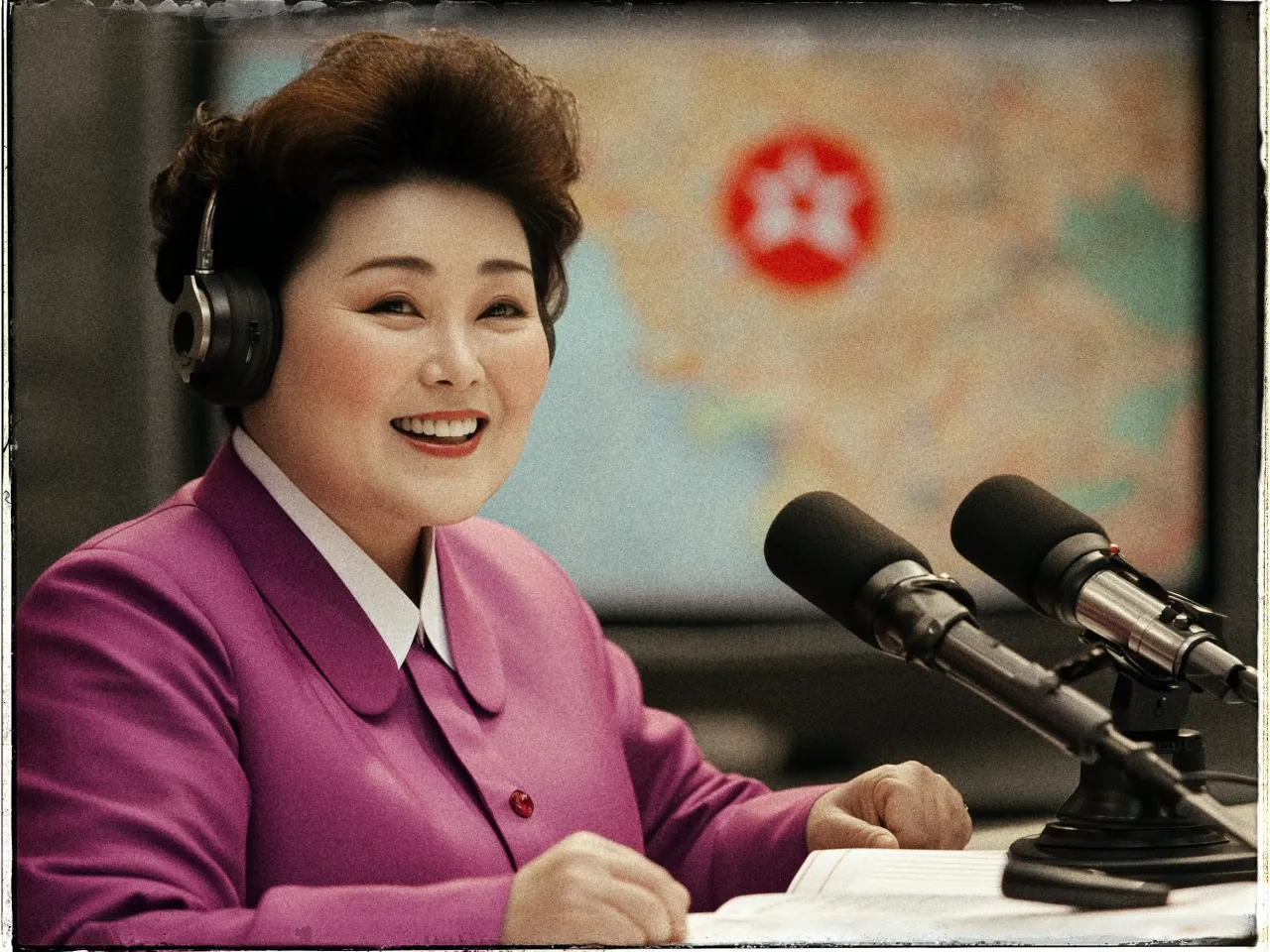 An individual with a cheerful expression is seated at a desk wearing a bright purple blazer and a white collared shirt. They have headphones on and are speaking into two microphones positioned closely together. In the background, a map with a large red symbol is visible on a screen. The image has a vintage look with a blurred border, suggesting it might be styled as a retro photograph.