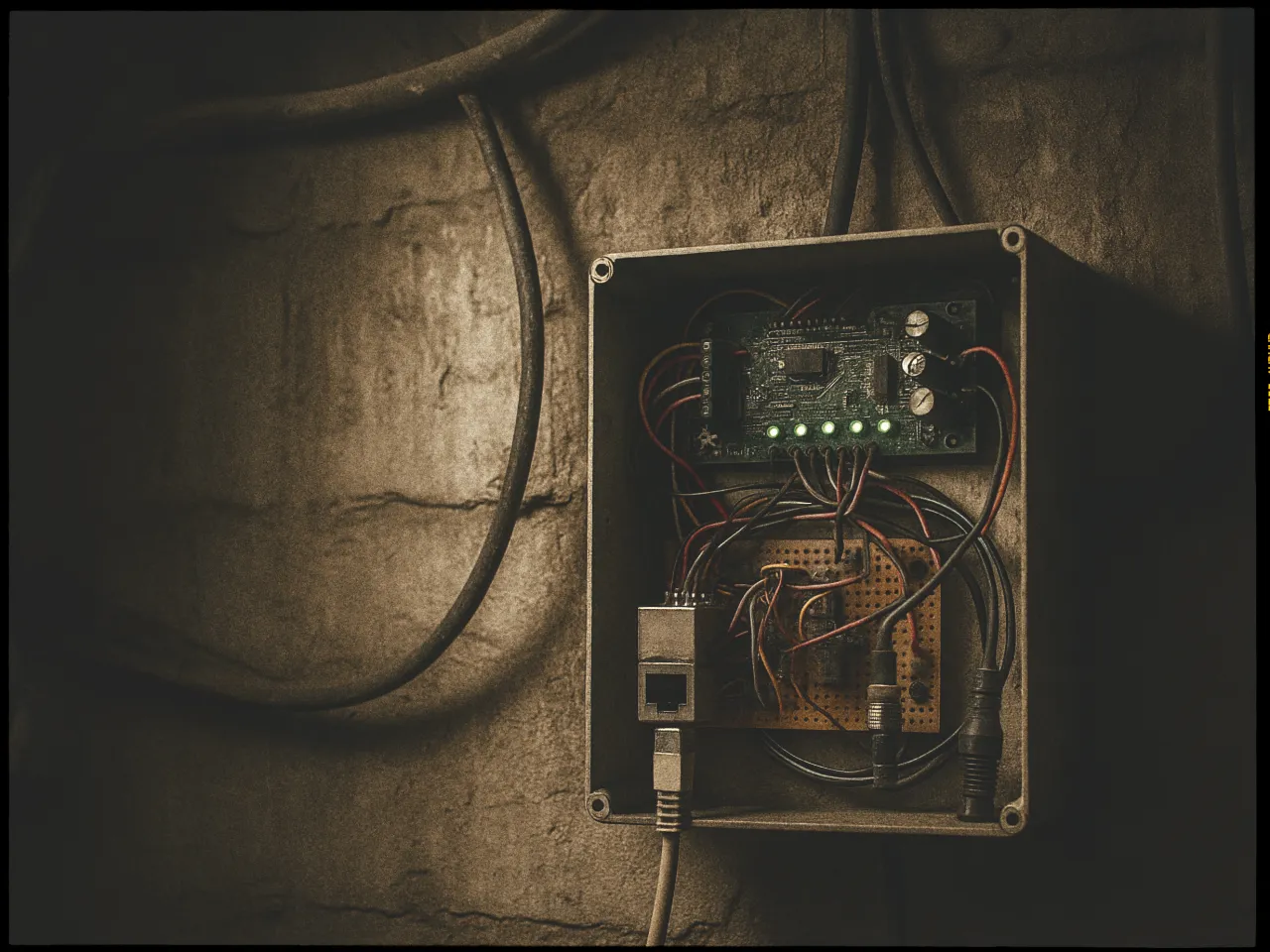 The image depicts a dimly lit, wall-mounted electrical box with a rustic appearance. Inside the open box, there is a small circuit board with multiple green LED lights illuminated, indicating activity. Several red and black wires are visibly connected to the board, coiled and tangled within the box. The box is mounted on a rough, textured wall, enhancing the industrial and aged ambiance of the scene. A thick cable enters the box from the bottom, connecting to a port, suggesting a network connection. The lighting casts deep shadows, adding to the moody atmosphere.