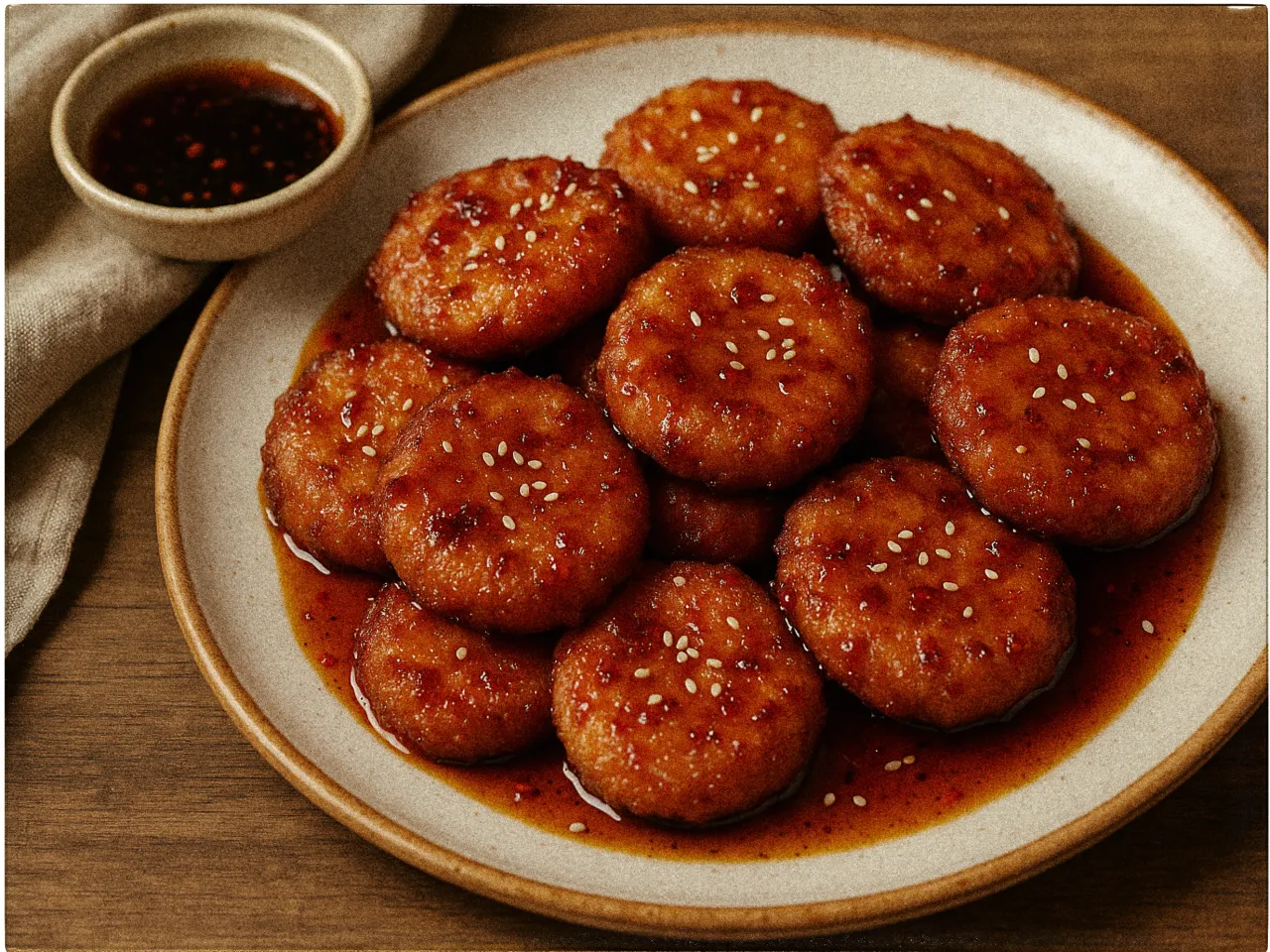 A plate of Korean Tteokgalbi patties arranged neatly in a circular pattern, drizzled with a glossy, reddish glaze. The patties are garnished with sesame seeds, adding texture to the surface. Next to the plate is a small dish containing a dark dipping sauce speckled with sesame seeds. A folded beige cloth napkin is partially visible beside the sauce dish. The setting is on a wooden table, enhancing the warm, inviting feel of the dish.