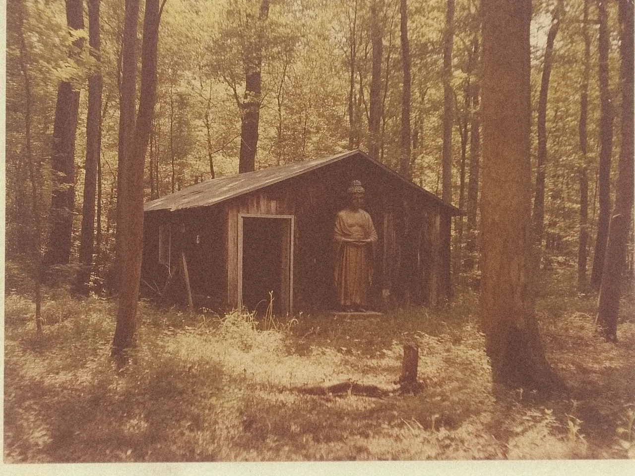 A sepia-toned photograph depicting an old wooden shed situated in a dense forest. The shed, with weathered wood and an open doorway, is partially obscured by trees. To the right of the shed, there is a large Buddha statue standing on a platform, facing forward. Sunlight filters through the tree canopy, casting dappled light on the ground, which is covered with grass and underbrush. The scene has a serene and slightly mysterious atmosphere due to the muted color tones and thick woodland surroundings.