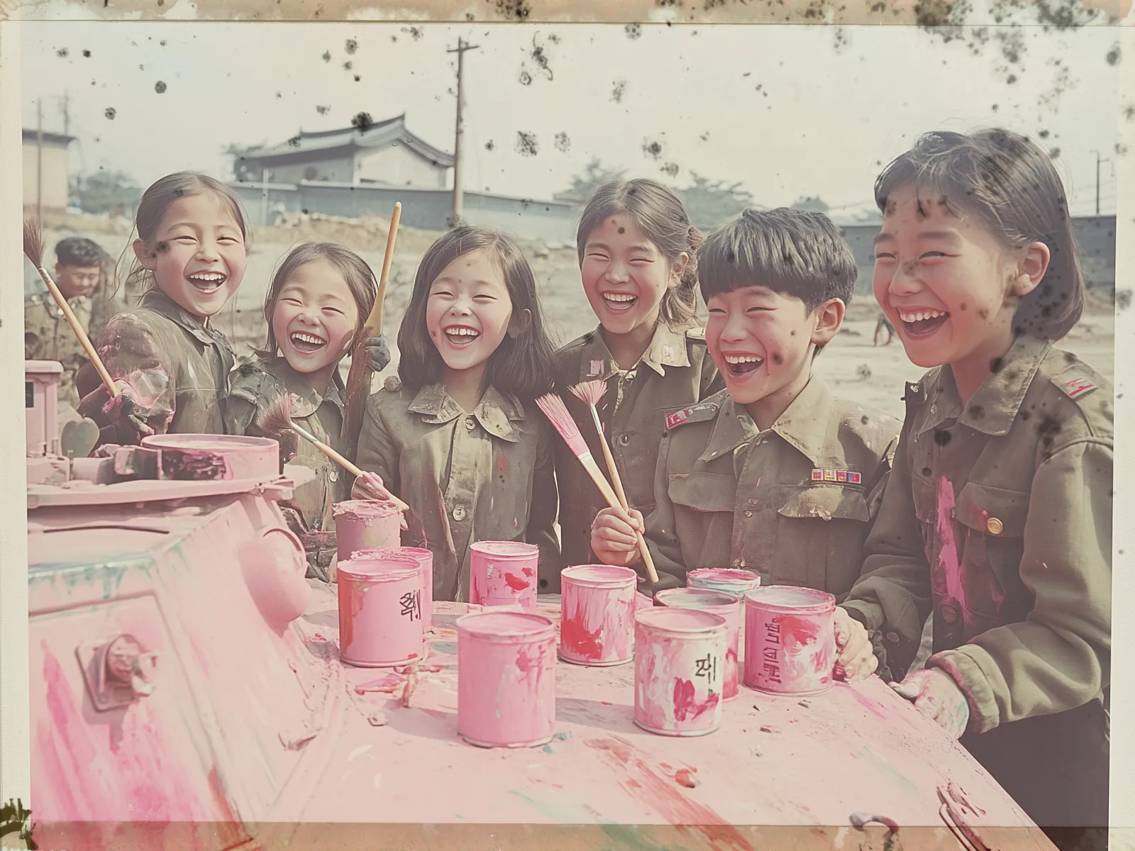 A group of six children stand together outdoors, all wearing military-style uniforms. They are gathered around a vehicle, likely a tank, which is covered in pink paint. Each child holds a paintbrush, with several open cans of pink paint on the tank. The children are smiling and laughing, with some showing patches of paint on their faces and uniforms. In the background, there is a building with a traditional roof, along with a few other children and distant structures. The image has a vintage, sepia-toned finish with visible specks and stains, adding an aged appearance.