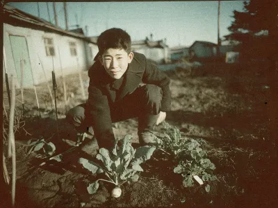 A young boy crouches down in a garden, smiling at the camera. He is dressed in a dark jacket and pants. In front of him, there are leafy plants growing in the soil, with one large turnip visible. The background shows several small buildings with a rustic, weathered appearance. The image has a vintage, sepia-toned quality, giving it an aged look. The sky is clear, and the lighting suggests it is daytime.