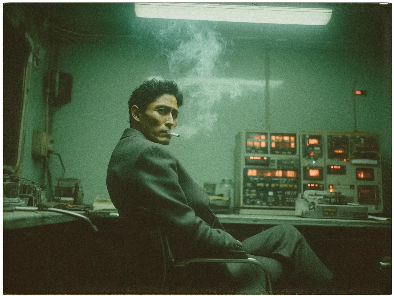 A person sits casually in a dimly lit room, exhaling smoke from a cigarette held in their mouth. They are dressed in a dark suit and are seated in a chair, slightly turned away from a cluttered desk. The room is filled with vintage electronic equipment, including panels with glowing red displays and numerous switches. The overall lighting is subdued, with a greenish tint, lending a retro, noir atmosphere to the scene. A fluorescent light fixture is visible above, casting a faint glow over the person and the surroundings.