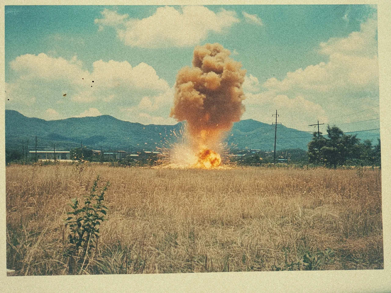 A large explosion occurs in the middle of a dry grassy field, sending a massive plume of smoke, dust, and debris into the air. The explosion creates a bright flash and a cloud that is reddish-brown near the base, transitioning to a lighter brown as it ascends. The surrounding landscape includes rolling hills in the background with a clear blue sky scattered with clouds. Power lines run across the midground, and there are a few distant buildings partially obscured by the explosion. The foreground features tall, dried grass with a few green plants. The image has a vintage, weathered appearance.
