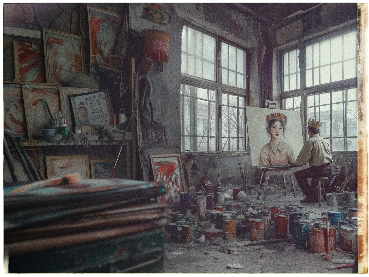 A dimly lit artist's studio with cluttered paint cans and brushes scattered on the floor. Near the center, an artist sits on a stool, engrossed in painting a large canvas. The canvas depicts a portrait of a person wearing a crown of flowers. The studio has large windows, allowing soft, natural light to illuminate the space, revealing peeling walls adorned with more artworks. To the left, several completed paintings lean against the wall, adding to the creative chaos. The overall atmosphere is vintage and artistic, with a focus on the creative process.