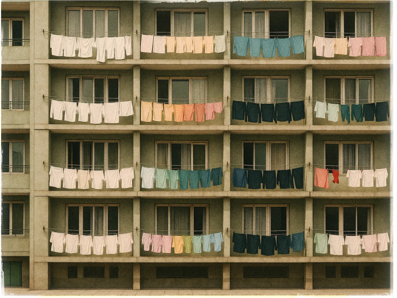 The image shows a beige apartment building facade with four floors, each featuring a row of balconies. On each balcony, colorful clothes hang in neat lines to dry, with hues ranging from white, pink, and yellow to teal, blue, and red. The clothes create a vibrant contrast against the muted tones of the building. Each balcony has large windows framed by the building’s structural beams, giving a uniform appearance. The image captures a sense of everyday life, with the diverse palette of clothing adding an element of human presence to the concrete structure.