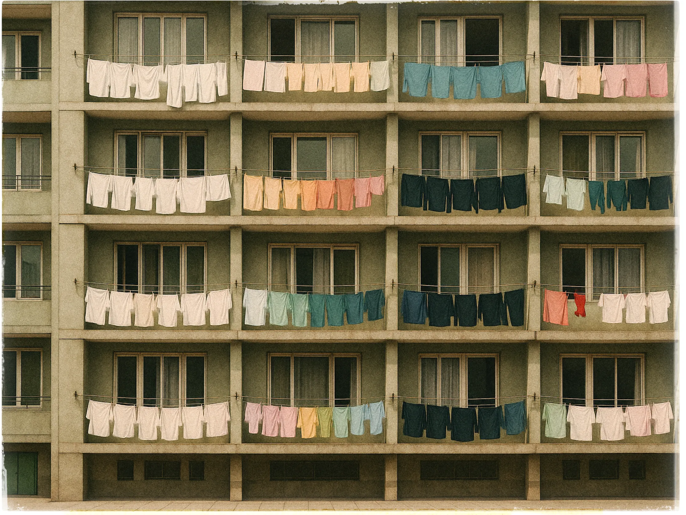 The image shows a beige apartment building facade with four floors, each featuring a row of balconies. On each balcony, colorful clothes hang in neat lines to dry, with hues ranging from white, pink, and yellow to teal, blue, and red. The clothes create a vibrant contrast against the muted tones of the building. Each balcony has large windows framed by the building’s structural beams, giving a uniform appearance. The image captures a sense of everyday life, with the diverse palette of clothing adding an element of human presence to the concrete structure.