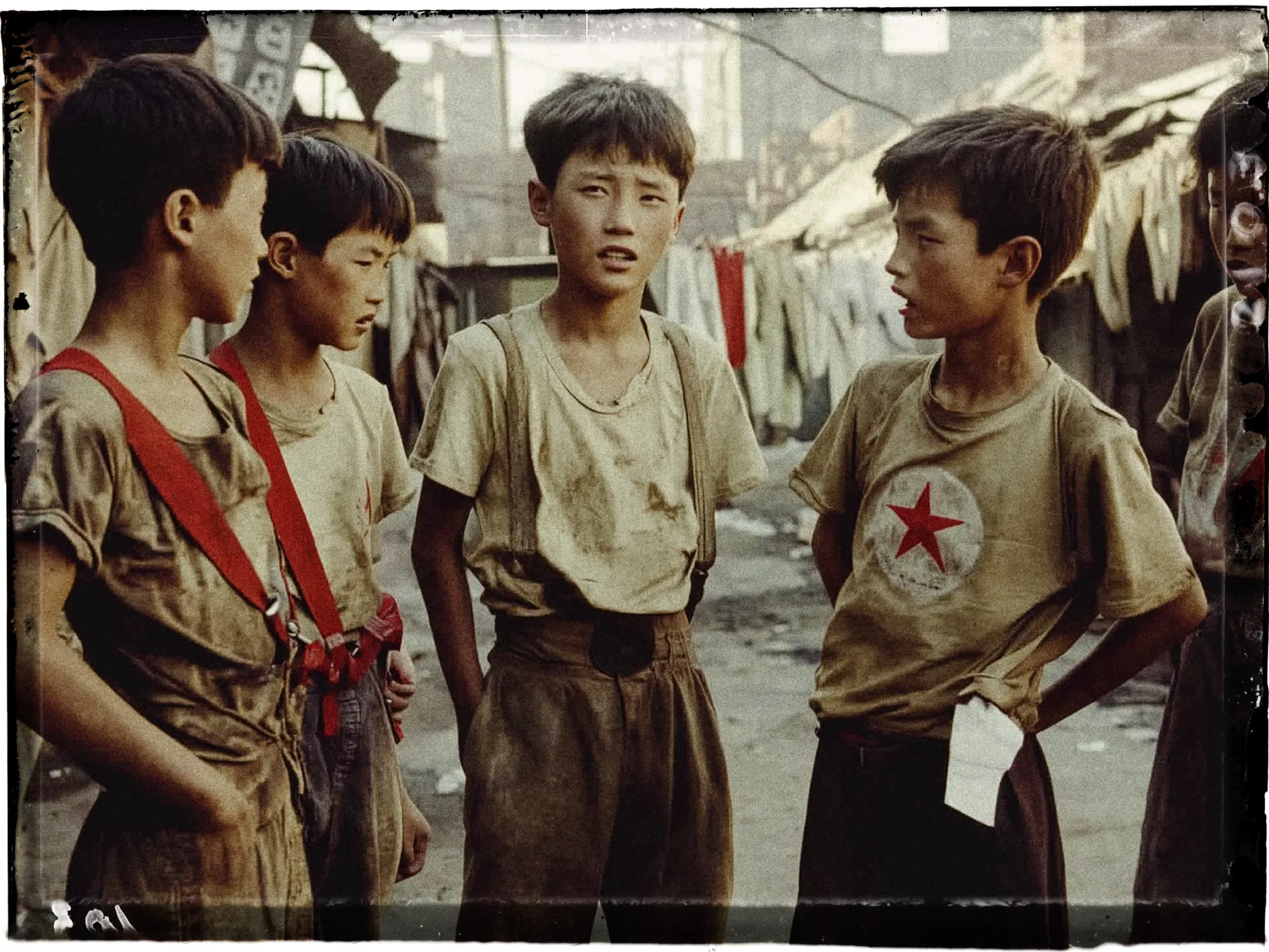 The image shows four young boys standing closely together on a street lined with hanging laundry. They appear to be engaged in conversation. The boys are wearing worn and dusty clothes, with one boy in a shirt featuring a red star. Two of the boys have red suspenders. Their expressions are serious or contemplative. The setting appears to be an older, possibly post-war urban area, with buildings and tattered fabric visible in the background. The photo has a vintage, slightly faded color palette, suggesting it might be from the mid-20th century.