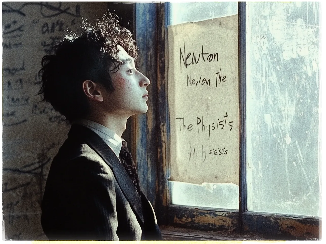 A person with short, curly hair is seen in profile, gazing out of an old, weathered window. They are wearing a suit and tie and have a contemplative expression. The window frame appears worn and aged, with peeling paint. On the glass, there is a handwritten message in bold letters that reads Newton at the top, followed by New on The and The Physicists, with some words repeated or partially crossed out. The scene suggests a vintage or academic setting, with a softly lit ambiance coming through the window. The background has a blurred, textured surface with faint writing or scribbles.