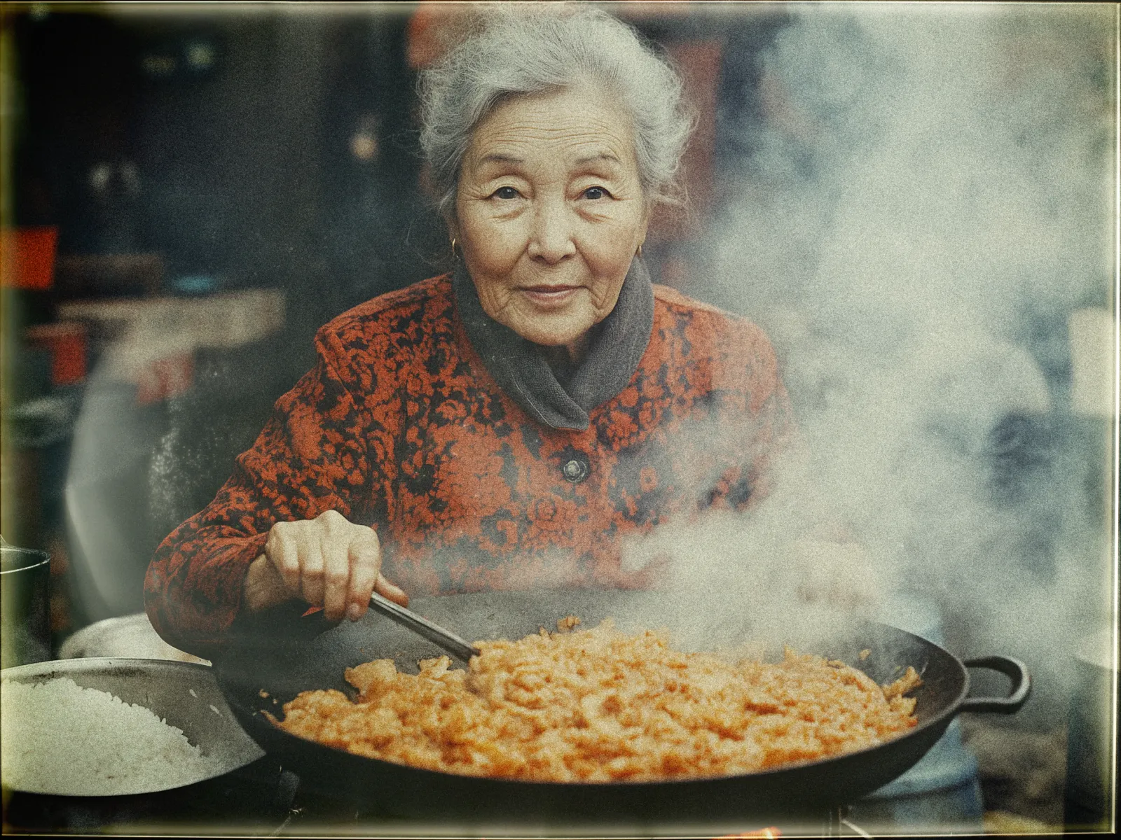 An elderly woman with grey hair is cooking in a large black pan filled with steaming rice or a similar dish. She is wearing a red and black patterned jacket and stirring the food with a utensil. The background is a bit blurred, suggesting an outdoor setting, possibly a market or street food stall. Steam rises from the pan, adding a sense of warmth and activity to the scene. A pot of plain white rice is visible beside the pan.