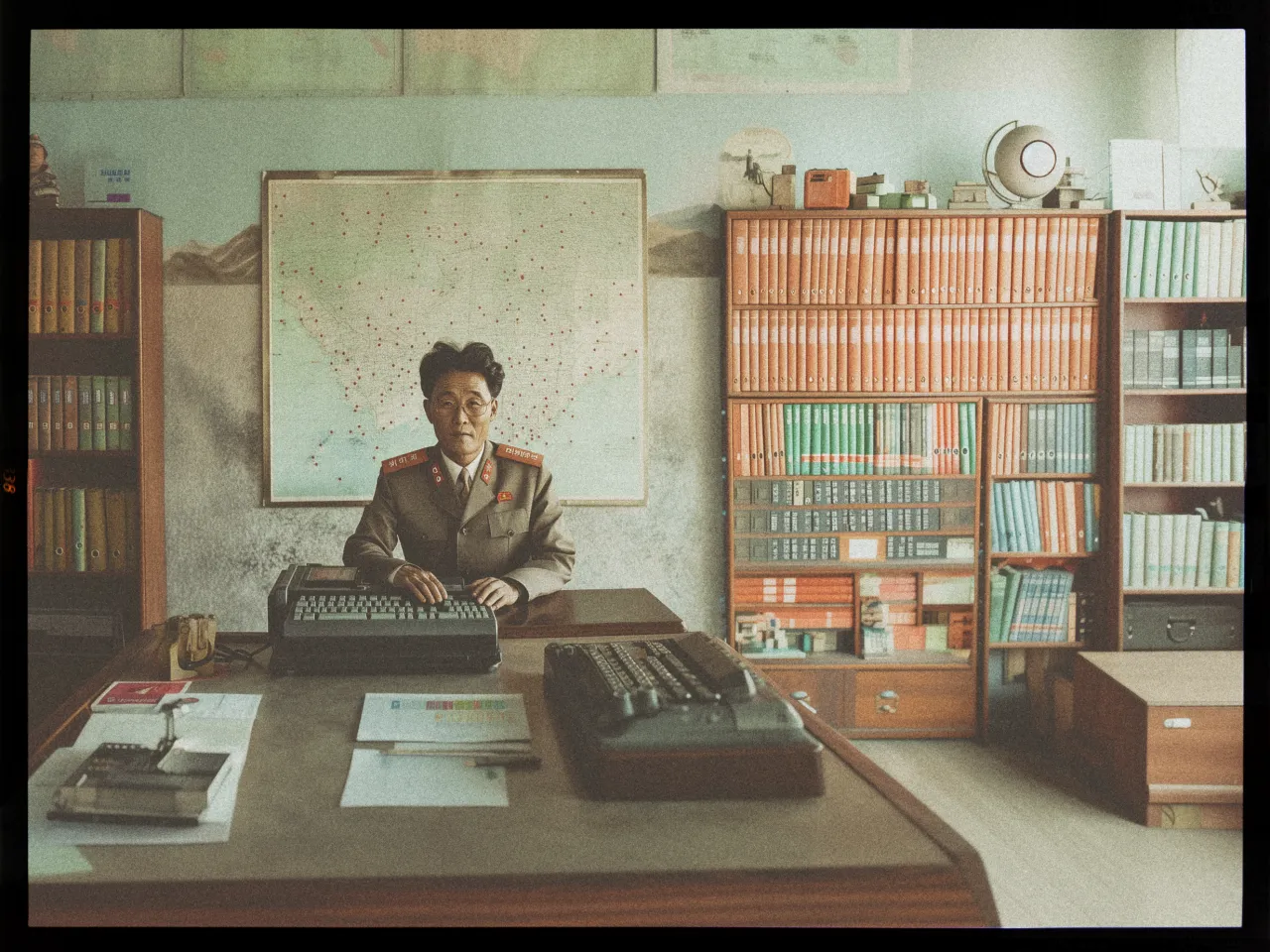 The image depicts a person in a military uniform sitting at a wooden desk in an office setting. They have short hair and are positioned behind a large, vintage-type keyboard. In front of the desk, there are papers, a mug, books, and another piece of technical equipment. Behind the person is a wall-mounted map with red dots. The office has shelves filled with neatly organized books and folders, predominantly in orange and green colors. The lighting is soft, giving the room a warm, slightly vintage ambiance.