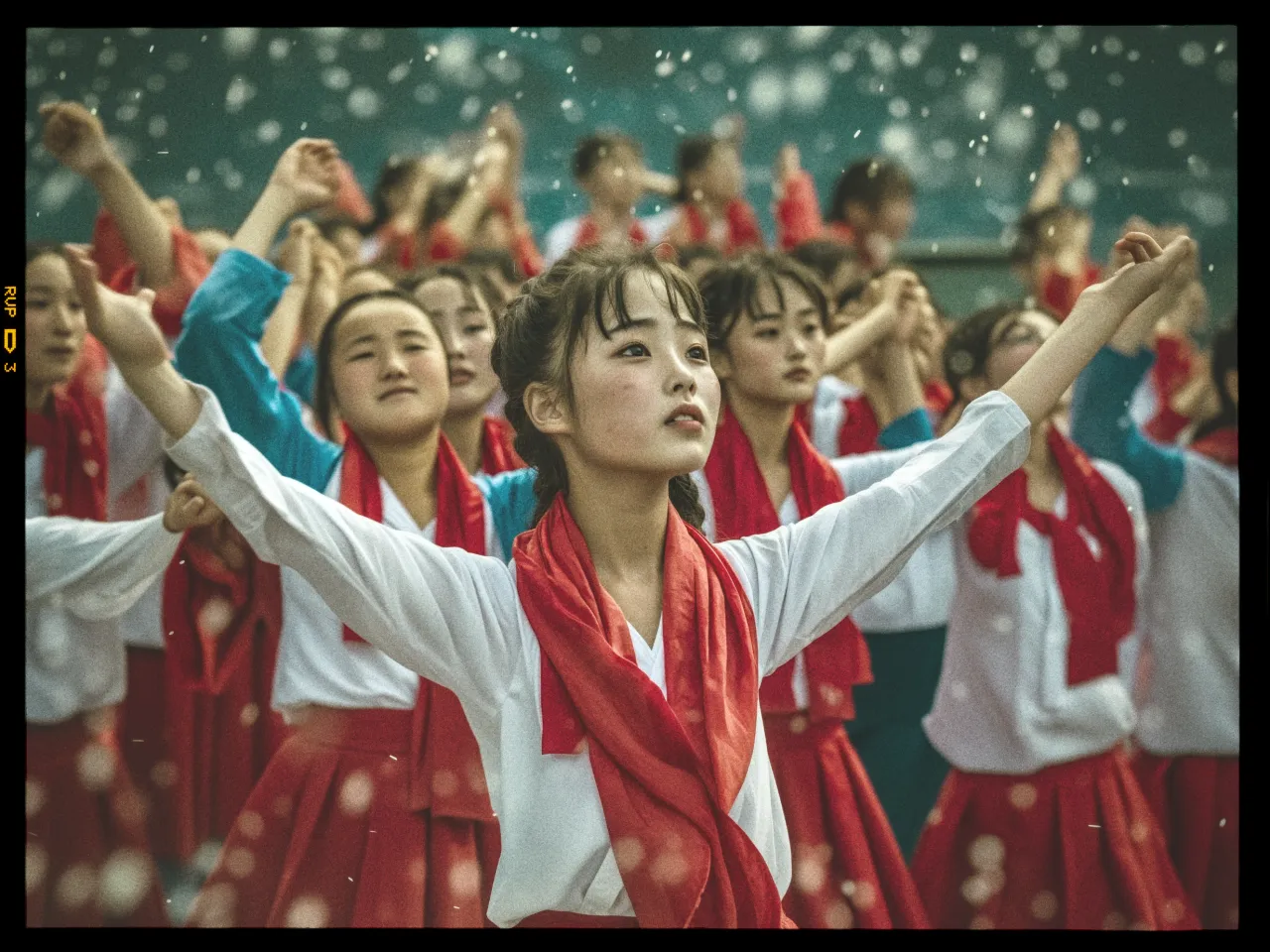 A group of young girls is performing a choreographed dance, wearing white tops and red skirts, with bright red scarves around their necks. The central girl is in focus, her arms gracefully extended upwards. The background girls are slightly blurred, adding depth to the image. Snow or confetti falls gently around them, creating a festive atmosphere. The scene exudes energy and joy, with a vintage filter giving it a nostalgic feel.