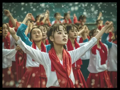A group of young girls is performing a choreographed dance, wearing white tops and red skirts, with bright red scarves around their necks. The central girl is in focus, her arms gracefully extended upwards. The background girls are slightly blurred, adding depth to the image. Snow or confetti falls gently around them, creating a festive atmosphere. The scene exudes energy and joy, with a vintage filter giving it a nostalgic feel.