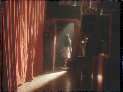 A young woman with long hair walks through a doorway into a dimly lit space. She wears a light-colored dress that stands out against the darkness. To the left, red curtains hang loosely, creating a theatrical ambiance. On the right, shelves are filled with indistinct objects, suggesting clutter. A beam of light shines through the door, casting her shadow on the wooden floor and highlighting dust particles in the air, adding a mysterious and atmospheric feeling to the scene.
