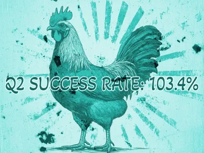 The image features a stylized illustration of a rooster in a teal color scheme. The background has a textured appearance with radiating lines and artistic splatters, adding a vintage feel. Superimposed on the image is the bold text Q2 SUCCESS RATE: 103.4% in a playful, rounded font. The overall design combines elements of rustic charm and modern typography to convey a message of success or achievement.