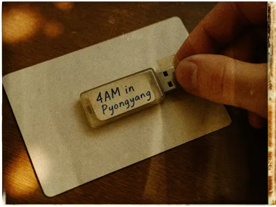 A hand is holding a USB flash drive labeled 4AM in Pyongyang in blue handwriting. The drive rests on a light-colored envelope placed on a wooden surface. The image has a vintage filter, giving it a warm, nostalgic tone with subtle light and shadow effects.