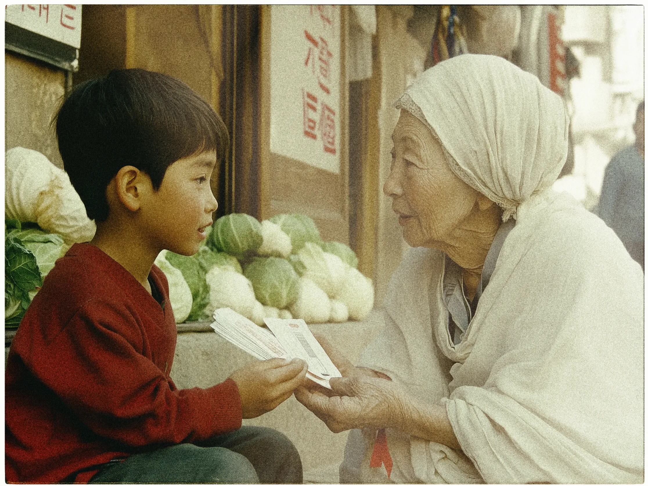 A young boy and an elderly woman are sitting on steps outside a produce stall. The boy, wearing a red sweater and dark pants, holds a packet of money. The elderly woman, dressed in a white headscarf and shawl, gently takes the money from him. Behind them, cabbages are neatly stacked, and signs with Chinese characters hang on the walls. The scene has a warm, nostalgic feel, suggesting a moment of cultural or familial exchange.