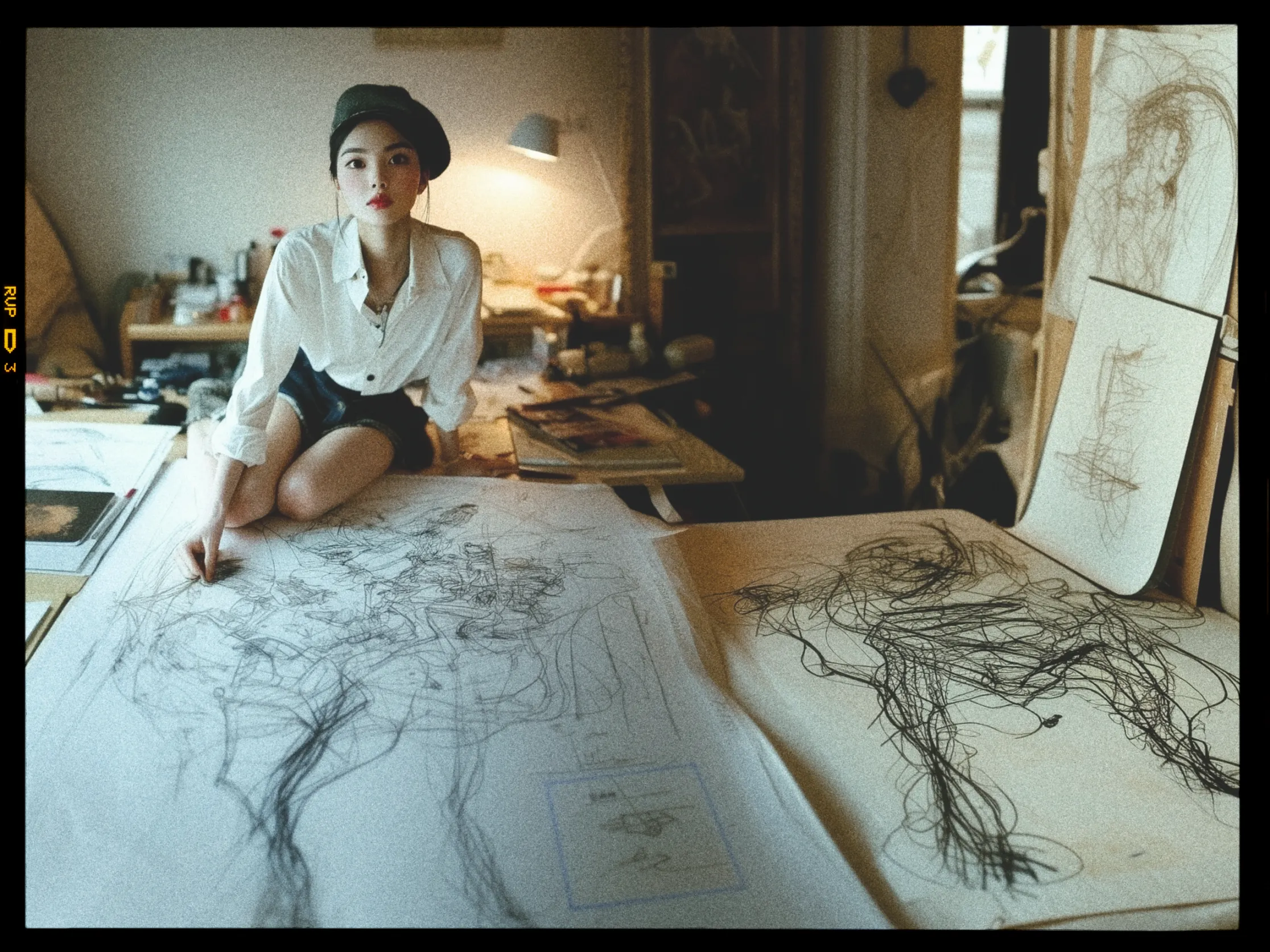 A young person wearing a white shirt and a beret sits on a table surrounded by large sheets of paper featuring abstract sketches. The setting is an artist’s studio with a warm, soft glow from a desk lamp in the background. Art supplies and more drawings are scattered around the workspace. The individual appears focused, holding a drawing tool and working on a sprawling sketch in front of them. The overall ambiance is creative and relaxed, with a mix of natural and artificial light highlighting the art materials.