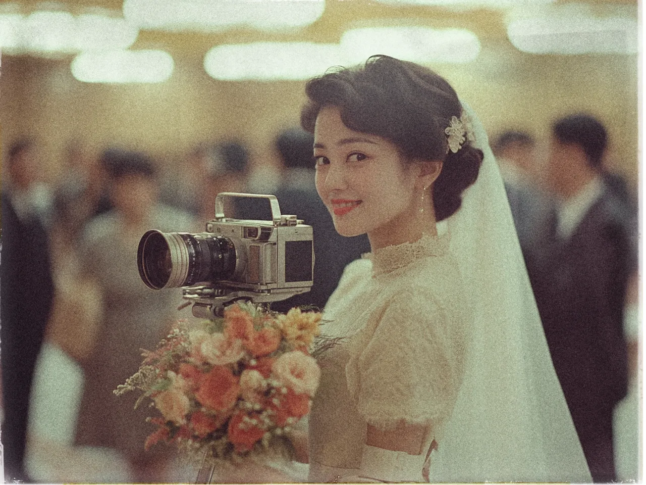 The image shows a bride in a vintage-style setting. She has a joyful expression while holding a bouquet of flowers and an old-fashioned camera. The bride is dressed in a delicate, lacy gown with a high collar and wears her hair styled neatly, adorned with a decorative hairpiece. Her veil cascades down her back. The soft, blurred background reveals an indoor gathering with several people, suggesting a celebratory occasion. The image has a warm, nostalgic tone, reminiscent of a classic photograph.